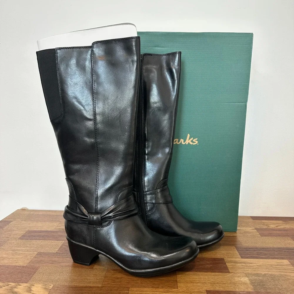 Clarks Wyld Polka 7 NEW Box Black Leather Knee High Wedge Heel Round Toe